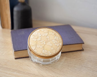 Vintage Glass Trinket Dish, Gold Trim, Lace Floral Lid