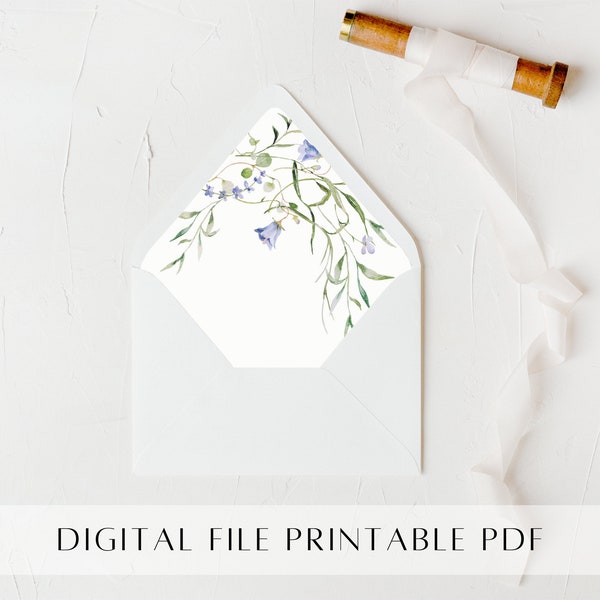 Printable Floral Envelope Liner - Watercolor Blue Wildflower Envelope Liner - A7 Envelope Liner Template Instant Download