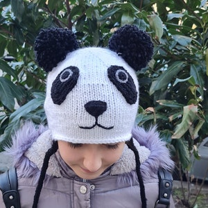Panda hat, Panda knitted hat, Pom pom hat, Knitted Panda hat