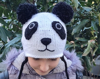 Panda hat, Panda knitted hat, Pom pom hat, Knitted Panda hat