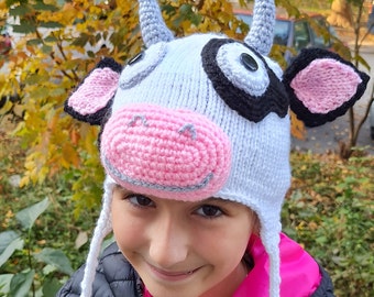 Cow Hat, Hand Knitted Cow Hat, Animal Hat, Cow Earflap Hat