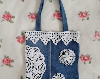 Jeans Bag,Upcycled Jeans Bag with Crocheted Doilies, Handmade Jeans Bag , Denim Boho Bag, Denim upcycled bag, Denim Bag, Boho bag