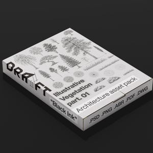 Puede incluir: Una caja blanca con ilustraciones en negro de varios árboles y plantas. La caja dice "DRAFT" y "Illustrative Vegetation part. 01 'Black Ink' Architecture asset pack .PSD .PNG .ABR .PDF .DWG."