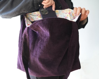 Purple Textured Cotton Fabric Tote Bag - Deep Purple with Inner Pocket - Perfect Gift for Her -Premium Corduroy Designer Tote Bag