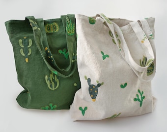 Boho geborduurde draagtas met verschillende cactussen - donkergroen of crèmewit met binnenzak - perfect cadeau voor haar - cadeau cactusliefhebber