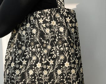 Embroidered Tote Bag With Little Daisy - Black Denim Tote with Inner Pocket - Bag for Her - French Country Work Bag