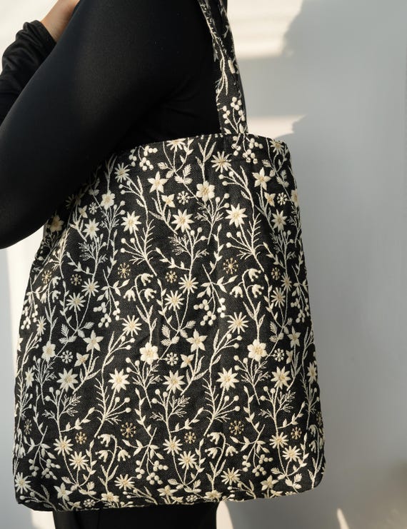 Embroidered Tote Bag With Little Daisy - Black Denim Tote with Inner Pocket - Bag for Her - French Country Work Bag