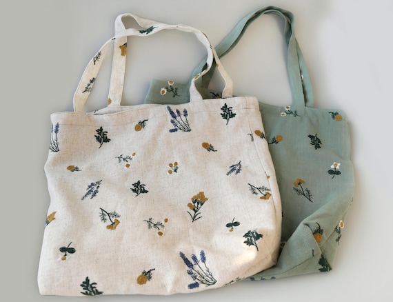 Embroidered Tote Bag With Little Flowers - White/Sage Green Tote with Inner Pocket - Bag for Her - French Country Work Bag