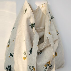 May include: A beige tote bag with a floral pattern. The bag is made of a linen-like material and features a repeating pattern of yellow and green flowers and leaves. The bag has long straps and an open top.