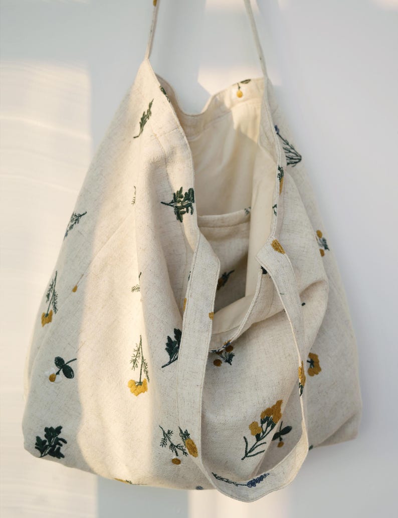 May include: A beige tote bag with a floral pattern. The bag is made of a linen-like material and features a repeating pattern of yellow and green flowers and leaves. The bag has long straps and an open top.