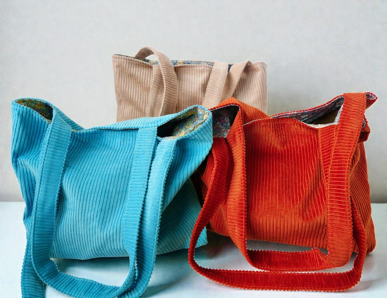 Paarse draagtas van getextureerde katoenen stof - dieppaars met binnenzak - perfect cadeau voor haar - premium corduroy designerdraagtas afbeelding 14