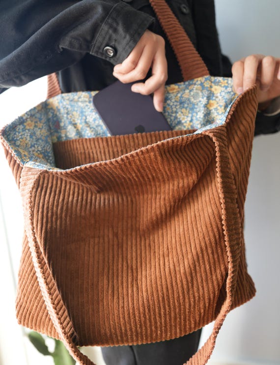 Premium Corduroy Designer Tote Bag - Coffee Textured Cotton Fabric Tote Bag - Large Size with Inner Pocket - Perfect Gift for Her