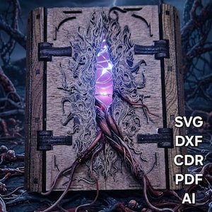 Könnte beinhalten: Eine Holzkiste mit einem geschnitzten Design mit einer zentralen Öffnung mit einem leuchtenden violetten Licht. Das Design umfasst wurzelartige Strukturen und den Text "SVG, DXF, CDR, PDF, AI". Die Dicke beträgt 2,8-3,2 / 3,8-4 mm.