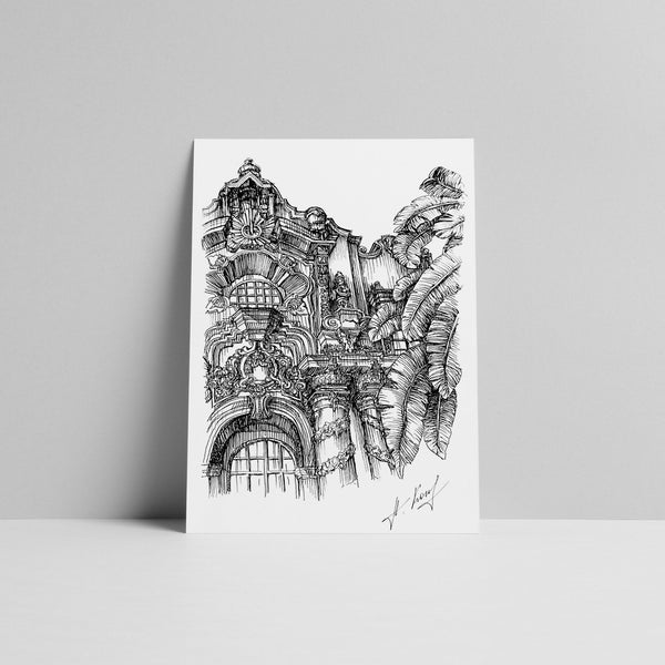 Casa del Prado Theatre, Balboa Park, San Diego, CA Hand Drawn Sketch Digital Printable Poster A5 Format  | Urban Architecture