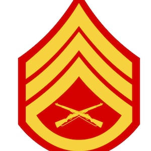 May include: A red and gold military rank insignia with three gold chevrons and crossed rifles in the center.