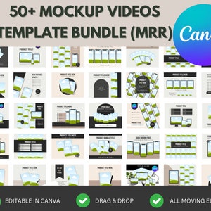 K&ouml;nnte beinhalten: Eine Sammlung von &uuml;ber 50 Mockup-Videovorlagen f&uuml;r Canva. Die Vorlagen bieten eine Vielzahl von Designs, darunter ein Telefon, ein Laptop und ein Tablet. Die Vorlagen sind editierbar und beinhalten Drag-and-Drop-Funktionen. Alle beweglichen Elemente sind enthalten.