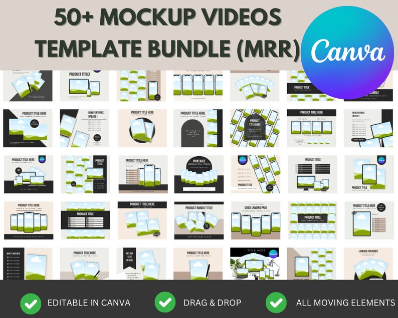 K&ouml;nnte beinhalten: Eine Sammlung von &uuml;ber 50 Mockup-Videovorlagen f&uuml;r Canva. Die Vorlagen bieten eine Vielzahl von Designs, darunter ein Telefon, ein Laptop und ein Tablet. Die Vorlagen sind editierbar und beinhalten Drag-and-Drop-Funktionen. Alle beweglichen Elemente sind enthalten.