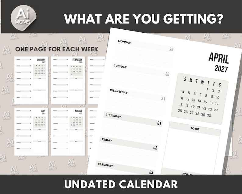 May include: A printable undated calendar for April 2027. The calendar has a weekly layout with space for notes and to-do lists. Each week has a separate page with a small calendar for the month of April.