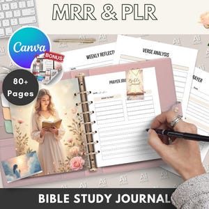 May include: A pink and white Bible study journal with 80+ pages. The journal features a prayer journal section, a verse analysis section, and a weekly reflection section. The cover of the journal features a woman in a white dress reading a book.