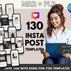 Puede incluir: Un collage de 130 plantillas de publicaciones de Instagram para marketing en redes sociales. Las plantillas están diseñadas en Canva y presentan una variedad de colores, fuentes y gráficos. El texto "MRR + PLR" y "keep 100% of profit" es visible en la imagen.