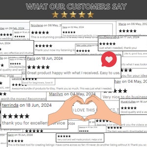 May include: A collage of customer reviews for an Etsy shop, featuring five-star ratings and positive comments about the products. The reviews highlight the quality, ease of use, and value of the products. The image also includes a heart symbol and the text "I LOVE THIS".