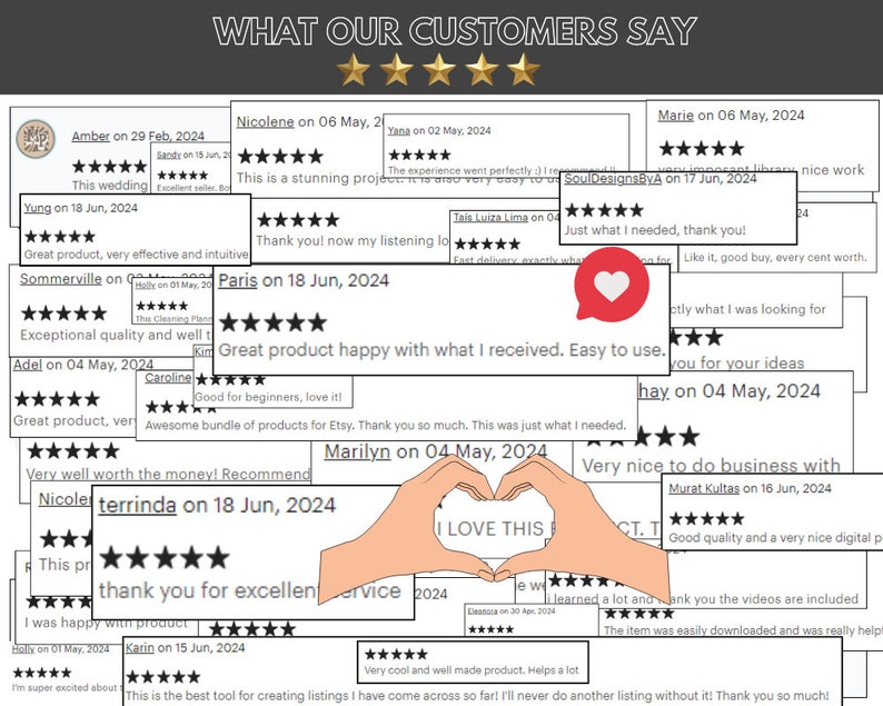 May include: A collage of customer reviews for an Etsy shop, featuring five-star ratings and positive comments about the products. The reviews highlight the quality, ease of use, and value of the products. The image also includes a heart symbol and the text "I LOVE THIS".