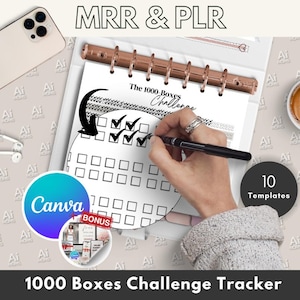 Könnte beinhalten: Ein druckbarer 1000-Boxen-Challenge-Tracker mit 10 Vorlagen. Der Tracker ist eine Checkliste mit einem Kreis von Kästchen zum Abhaken. Der Text "The 1000 Boxes Challenge" befindet sich oben auf der Seite. Das Bild zeigt eine Hand, die Kästchen auf dem Tracker abhakt.