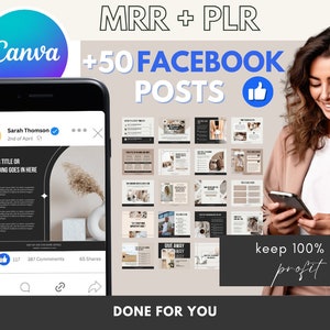Puede incluir: La pantalla de un teléfono muestra una plantilla de diseño de Canva para una publicación de Facebook. La plantilla presenta un diseño en blanco y negro con un título, una lista numerada y una llamada a la acción. El texto en la pantalla dice "Your title or heading goes in here". El teléfono lo sostiene una persona en el fondo. El texto "MRR + PLR +50 FACEBOOK POSTS keep 100% of profit DONE FOR YOU" se muestra encima del teléfono.