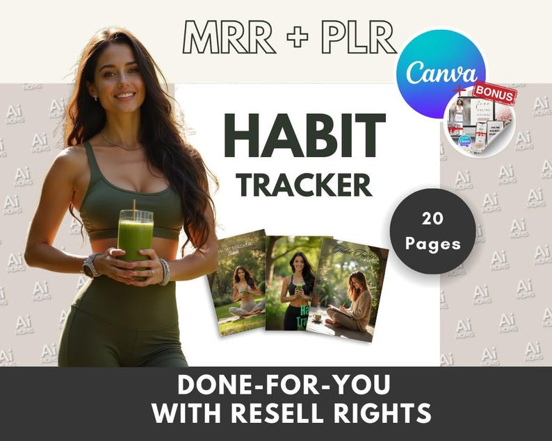 K&ouml;nnte beinhalten: Ein digitales Produkt zum Verkauf, ein 20-seitiger Habit Tracker mit Wiederverkaufsrechten. Das Bild zeigt eine Frau, die einen gr&uuml;nen Smoothie h&auml;lt, und ein Mockup des Produkts mit dem Text "Habit Tracker" auf dem Cover. Der Text "MRR + PLR" und "Fertig zum Verkauf mit Wiederverkaufsrechten" ist ebenfalls sichtbar.