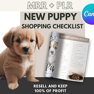 Peut inclure: Une liste de contrôle pour les nouveaux propriétaires de chiots avec un adorable chiot brun assis devant. La liste de contrôle comprend des articles tels que la nourriture, les bols, les jouets et les fournitures de dressage. Le texte sur la liste de contrôle dit "Nouvelle liste de contrôle pour les achats de chiots".