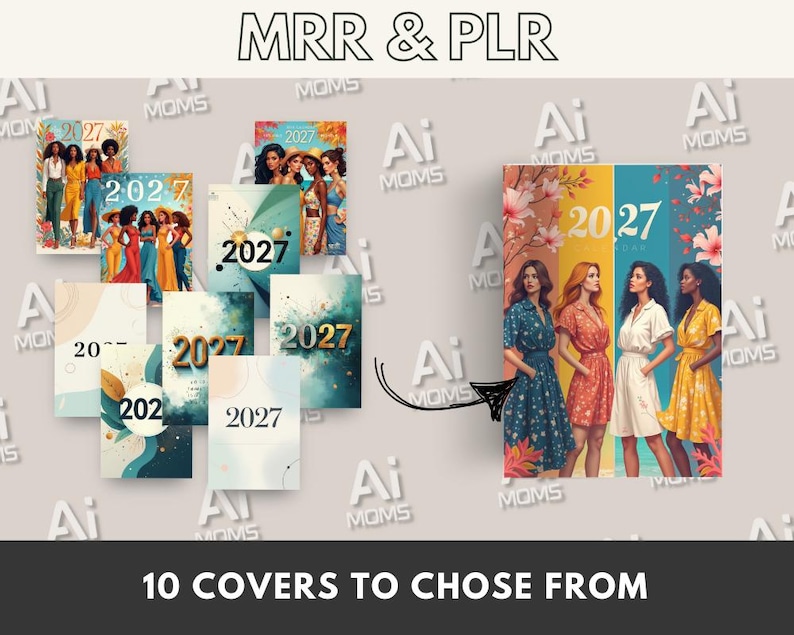 May include: Ten different cover designs for a 2027 planner. The covers feature a variety of colors and designs, including abstract patterns, floral motifs, and portraits of women. The text "MRR & PLR" and "10 COVERS TO CHOOSE FROM" are also visible.