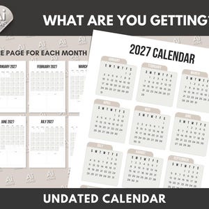 May include: A printable 2027 calendar with one page per month. The calendar is undated and has a simple design with a beige background and black text.