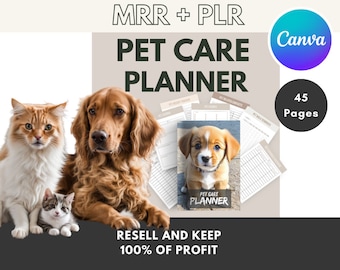 May include: A digital planner for pet care with 45 pages. The planner includes sections for pet medical records, vet appointments, and more. The image features a golden retriever, a cat, and a kitten.
