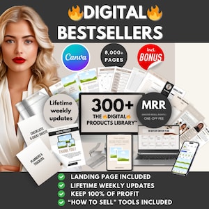May include: A digital product library with over 300+ digital products, including checklists, planners, and trackers. The image also shows a woman, a laptop, and a smartphone. The text "THE DIGITAL PRODUCTS LIBRARY" is visible in the image.