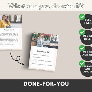 May include: A digital product mockup with a green checkmark and the text "Sell it as is", "Use as freebie", "Use as add on", and "Rebrand and adjust". The mockup shows a digital product with the text "Please note" and "Open Chat GPT".