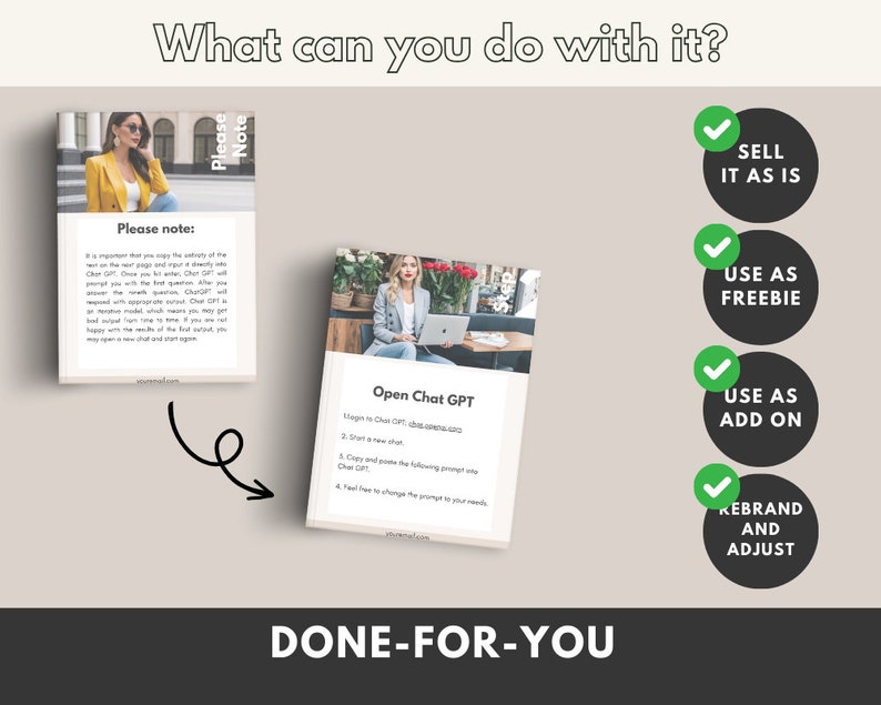 May include: A digital product mockup with a green checkmark and the text "Sell it as is", "Use as freebie", "Use as add on", and "Rebrand and adjust". The mockup shows a digital product with the text "Please note" and "Open Chat GPT".
