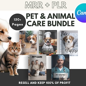 Pode incluir: Um pacote de produtos digitais para o cuidado de animais de estimação, que inclui uma coleção de guias e recursos imprimíveis. O pacote inclui um guia para o cuidado de animais de estimação, um livro de receitas para guloseimas caseiras para cães, uma lista de verificação para novos filhotes e uma folha de registro de visitas ao veterinário. A imagem também inclui um cão e um gato, e o texto "MRR + PLR Pet & Animal Care Bundle" e "150+ Pages".