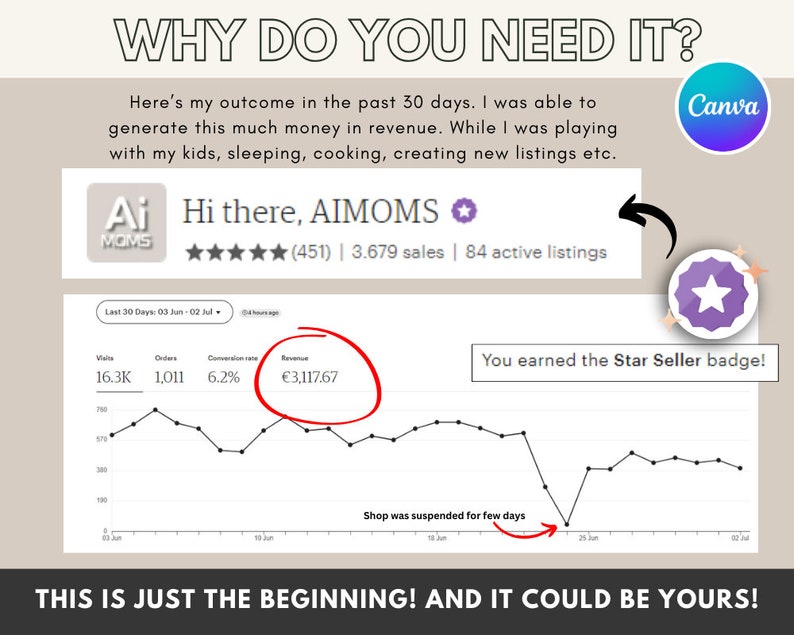 May include: A graph showing revenue generated over a 30-day period. The graph shows a steady increase in revenue, followed by a drop, and then a steady increase again. The text "You earned the Star Seller badge!" is displayed below the graph. The text "Shop was suspended for few days" is displayed below the graph.