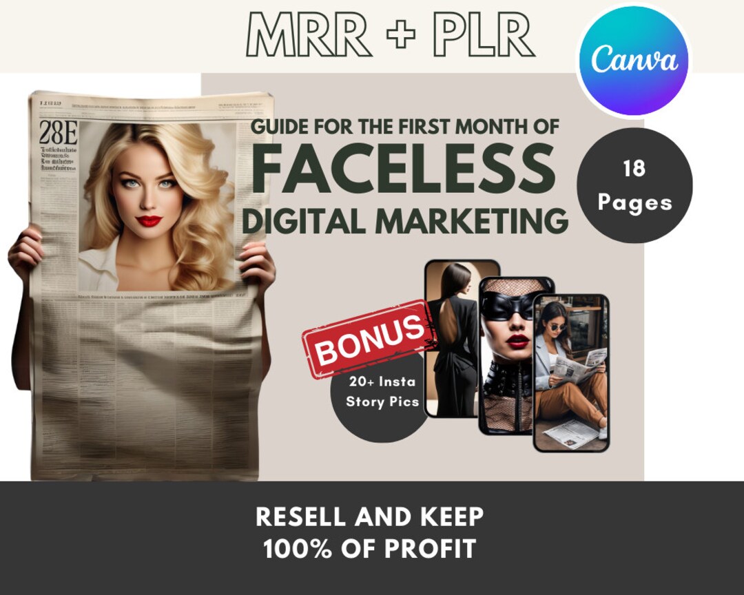 Faceless Digital Marketing Guide: Canva Template, MRR PLR (digital ...
