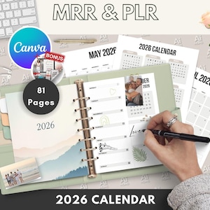 May include: A green and white 2026 calendar planner with 81 pages. The planner has a mountain landscape design and a photo of a couple on the cover. The planner is open to a page with a calendar for May 2026.