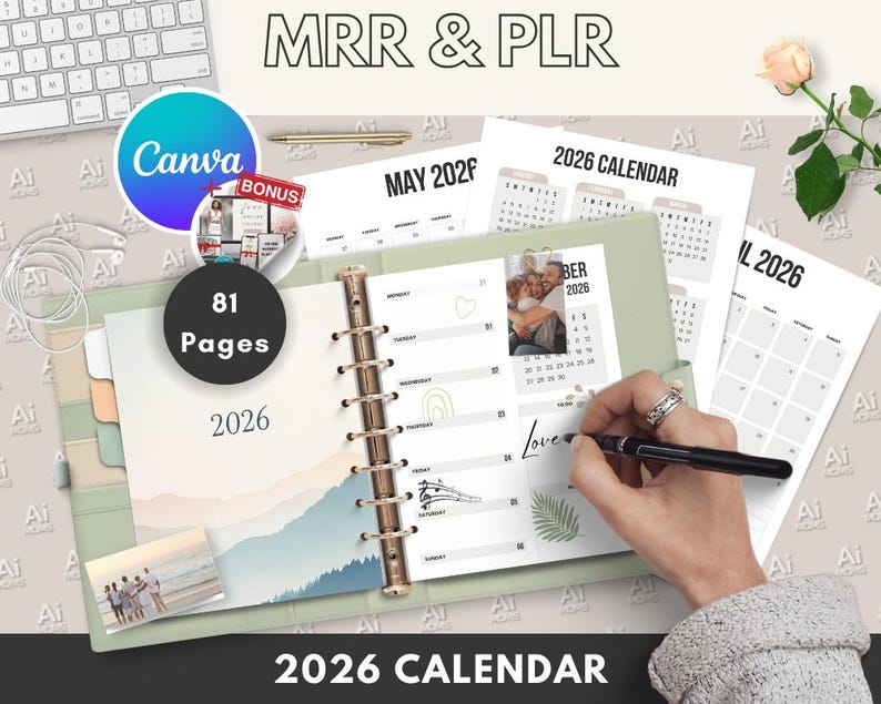 May include: A green and white 2026 calendar planner with 81 pages. The planner has a mountain landscape design and a photo of a couple on the cover. The planner is open to a page with a calendar for May 2026.