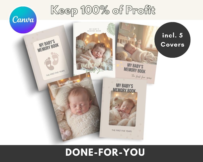 May include: Five different covers for a baby's memory book. Each cover features a different photo of a baby sleeping. The covers are all beige with a light brown border and the text "My Baby's Memory Book" in a light brown font. The text "The First Five Years" is also included on each cover.
