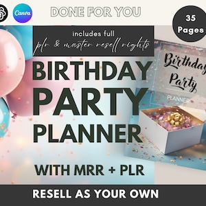Puede incluir: Una portada de producto digital con un fondo azul y rosa con globos y confeti. El texto de la portada dice "Birthday Party Planner" con el lema "Includes full PLR & Master Resell Rights". La portada también presenta una caja de regalo blanca con un lazo dorado y confeti dentro.