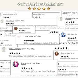 May include: A collage of customer reviews with five-star ratings and positive comments about a product. The reviews highlight the product's quality, value, and ease of use. The text includes phrases like "great value for price", "easy to use", and "highly recommended".