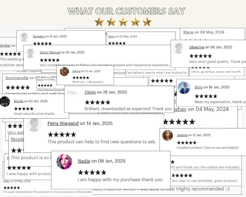 May include: A collage of customer reviews with five-star ratings and positive comments about a product. The reviews highlight the product's quality, value, and ease of use. The text includes phrases like "great value for price", "easy to use", and "highly recommended".
