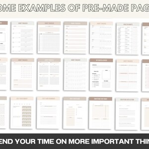 K&ouml;nnte beinhalten: Eine Sammlung von druckbaren Planerseiten mit verschiedenen Layouts, darunter Habit Tracker, Monatskalender und Selbsteinsch&auml;tzungsbereiche. Die Seiten sind in einem minimalistischen Stil mit einem beige-wei&szlig;en Farbschema gestaltet. Der Text "Verbringe deine Zeit mit wichtigeren Dingen" befindet sich am unteren Rand des Bildes.