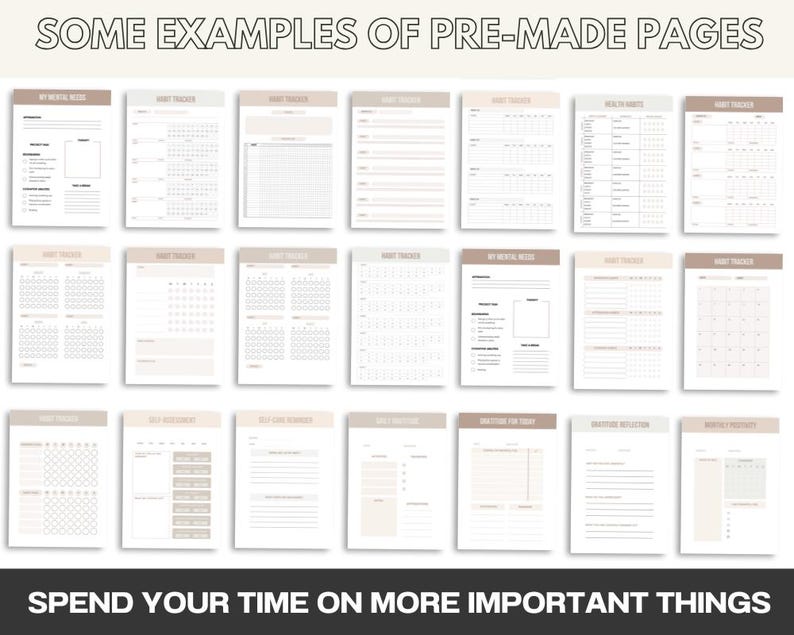 K&ouml;nnte beinhalten: Eine Sammlung von druckbaren Planerseiten mit verschiedenen Layouts, darunter Habit Tracker, Monatskalender und Selbsteinsch&auml;tzungsbereiche. Die Seiten sind in einem minimalistischen Stil mit einem beige-wei&szlig;en Farbschema gestaltet. Der Text "Verbringe deine Zeit mit wichtigeren Dingen" befindet sich am unteren Rand des Bildes.