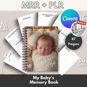 Puede incluir: Un libro de recuerdos para bebés con encuadernación en espiral y una portada que muestra a un bebé durmiendo en una manta blanca. El texto de la portada dice "My Baby's Memory Book". El libro tiene 87 páginas e incluye indicaciones para registrar recuerdos de los primeros cinco años de la vida de un bebé.