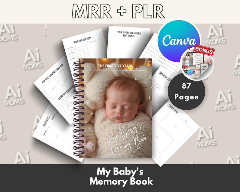 May include: A baby memory book with a spiral binding and a cover featuring a baby sleeping in a white blanket. The cover text reads "My Baby's Memory Book". The book has 87 pages and includes prompts for recording memories of the first five years of a baby's life.