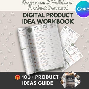 May include: A digital product idea workbook featuring a roadmap with sections for planning, research, and creation. The pages include checklists and headers like Target Audience Analysis and Etsy Seller Checklist, with a 100+ product ideas guide included.